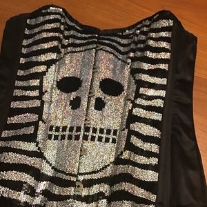Corset steel-boned sequin skull on satin